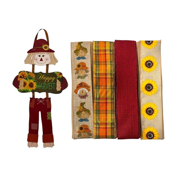Scarecrow Wreath Kit "Happy Harvest" Sign w/ Scarecrow, Plaid, Sunflower Ribbon - Picture 1 of 5